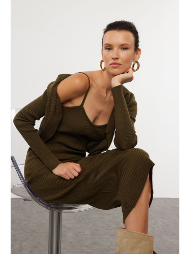 Trendyol Khaki Fitted Midi Knitwear Cardigan Dress Suit