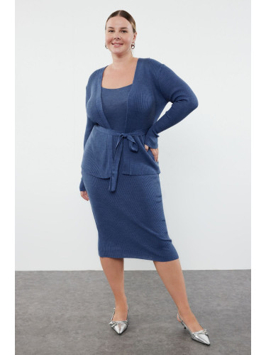 Trendyol Curve Indigo Corded Belted Midi Size 2-Piece Knitwear Cardigan-Dress