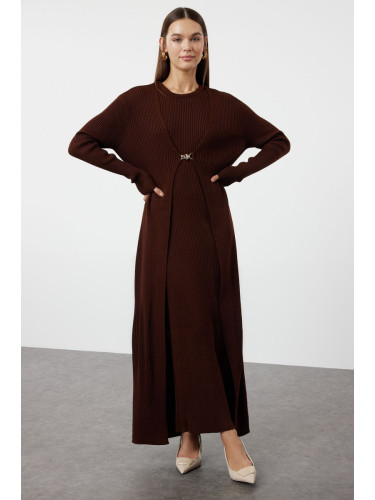 Trendyol Brown Corduroy Dress-Cardigan Knitwear Suit