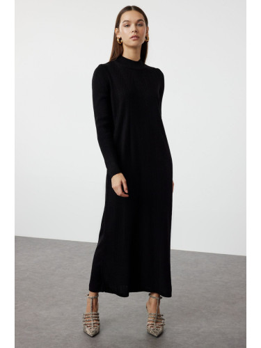 Trendyol Black Self-Patterned Half Turtleneck Knitwear Zigzag Textured Dress