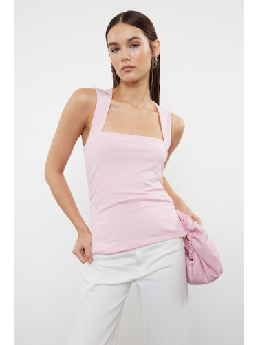Trendyol Pink Plain Square Neck Strap Gathered Knitted Blouse