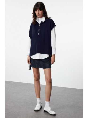 Trendyol Navy Blue Side Tie Detailed Collar Buttoned Knitwear Sweater