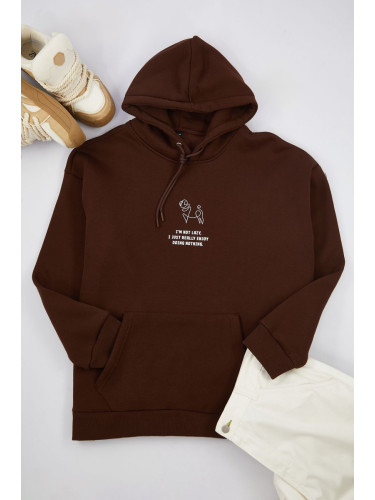 Trendyol Brown Oversize Hooded Fluffy Animal Printed Plus Size Sweatshirt