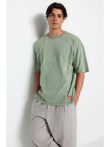 Trendyol Limited Edition Green Oversize/Wide Cut Faded Effect 100% Cotton Thick T-Shirt