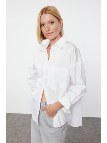 Trendyol White Oversized Shirt with Stone Detail on Shoulders