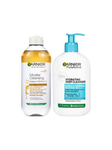 Пакет с отстъпка Мицеларна вода Garnier Skin Naturals Two-Phase Micellar Water All In One + Почистващ гел Garnier Pure Active Hydrating Deep Cleanser