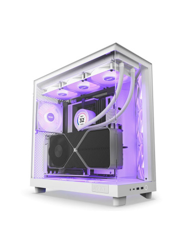 Кутия NZXT H6 Flow RGB, ATX/mATX/Mini-ITX, 1x USB 3.2 Gen 2 Type-C, с прозорец, бяла, без захранване