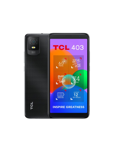 Смартфон TCL 403 (черен), поддържа 2 SIM карти, 6.0" (15.24cm) дисплей, четириядрен MediaTek Helio A22 2.0 GHz, 2GB RAM, 32GB Flash памет (+microSD слот), 8 & 5 Mpix камери, Android, 182g