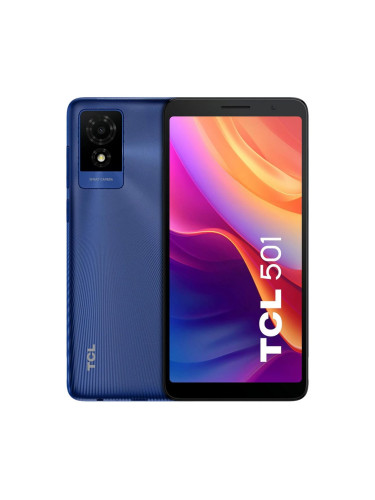Смартфон TCL 501 (син), поддържа 2 SIM карти, 6.0" (15.24cm) дисплей, осемядрен MediaTek Helio G36 2.2 GHz, 2GB RAM, 32GB Flash памет (+microSD слот), 5 & 2 Mpix камери, Android, 178.5g