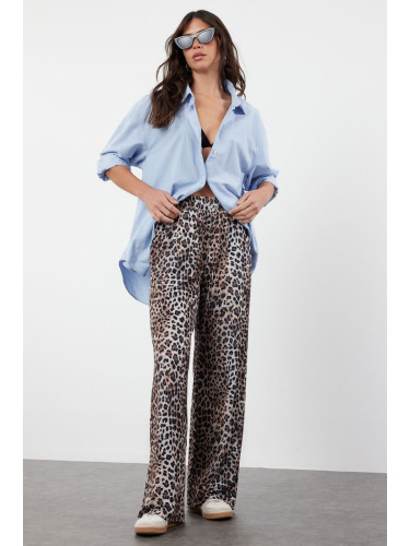 Trendyol Leopard Printed Wide Leg/Relaxed Fit High Waist Stretch Trousers