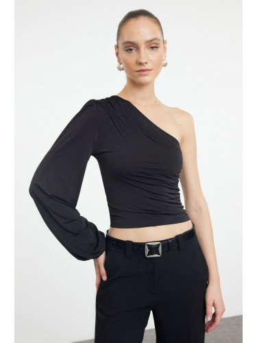 Trendyol Black Single Sleeve Gathered/Draped Fitted Crop/Short Stretchy Knitted Blouse