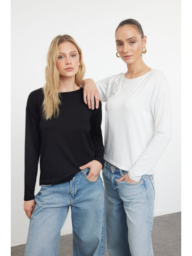 Trendyol Black-Ecru 2-Piece 100% Cotton Oversize/Wide Fit Long Sleeve Knitted T-Shirt