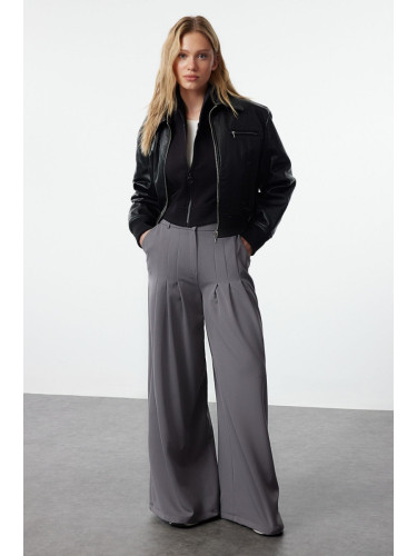 Trendyol Anthracite Extra Wide Leg/Wide Leg Palazzo Pleated Woven Trousers
