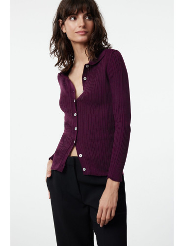 Trendyol Plum Ribbed Polo Neck Knitted Cardigan