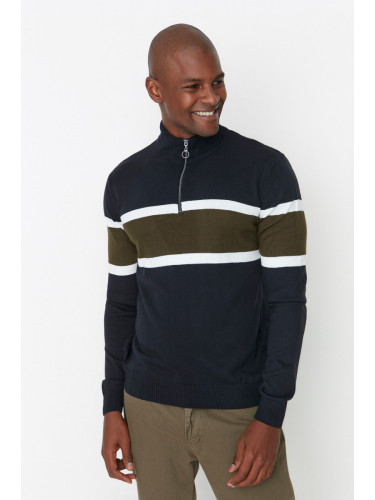 Trendyol Navy Blue Slim Half Turtleneck Color Blocked Knitwear Sweater