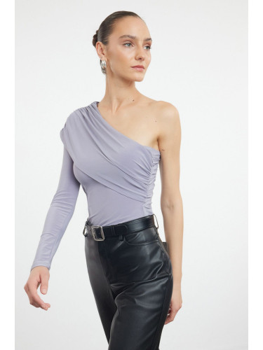 Trendyol Gray Single Sleeve Drape Detailed Asymmetrical Fitted Regular/Normal Length Flexible Knitted Blouse