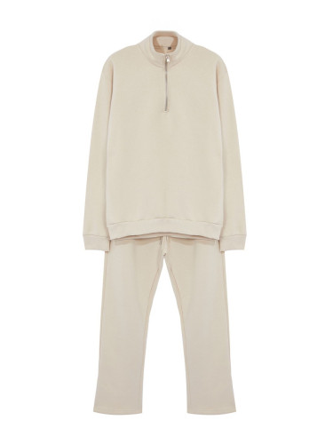 Trendyol Beige Oversize/Wide Cut High Collar Zippered Basic Tracksuit Set