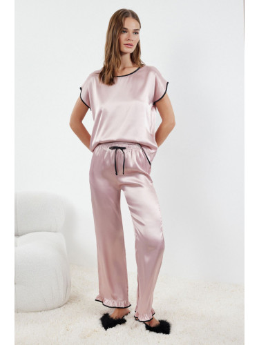 Trendyol Pink Tie and Piping Detailed Satin Woven Pajama Set