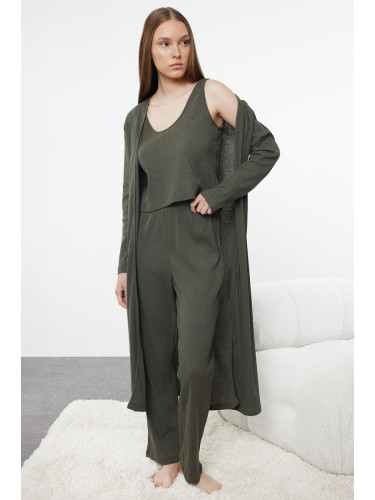 Trendyol Khaki 3-Piece Ribbed Knitted Pajama Set