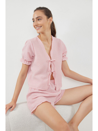 Trendyol Pink Textured Gingham Ribbon/Bow Detailed Woven Pajama Set