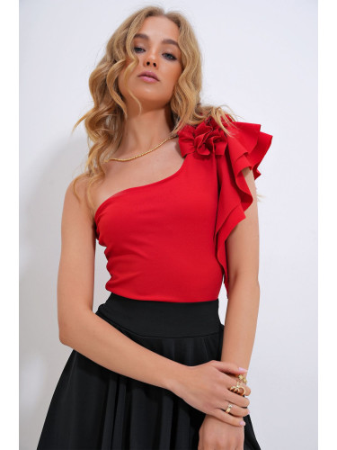 Trend Alaçatı Stili Woman's Red Single Shoulder Detailed Bottom Snap Blouse