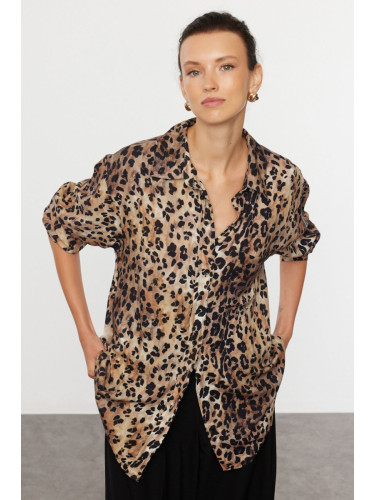 Trendyol Brown Leopard Animal Patterned Oversize Woven Wide Pattern Shirt