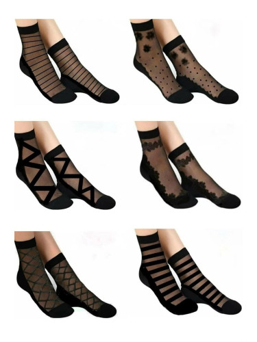 14223 Dewberry Patterned Tulle Women Socks 6 Pack-BLACK