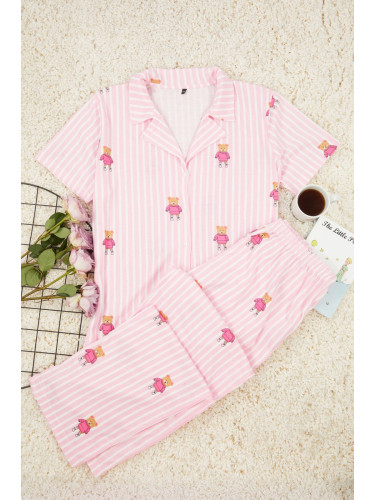 Trendyol Curve Pink Striped Teddy Bear Patterned Shirt Collar Knitted Pajama Set