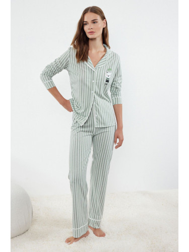 Trendyol Mint Striped Animal Patterned Knitted Pajama Set