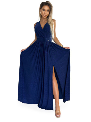 362-9 JUSTINE Long dress with a neckline and a tie at the back - navy blue with glitter
