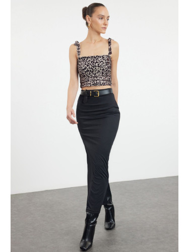 Trendyol Brown Animal Leopard Patterned Tie Detailed Square Neck Crop Stretchy Knitted Blouse