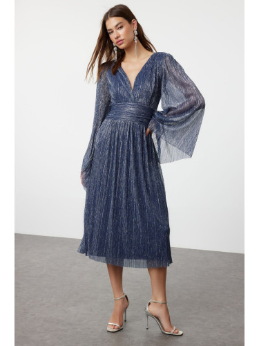 Trendyol Navy Blue A-Cut V-Neck Glittering Knitted Elegant Evening Dress