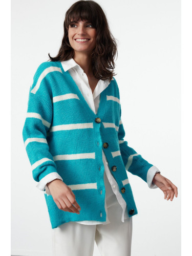 Trendyol Light Blue Wide Fit Soft Textured Striped Knitwear Cardigan