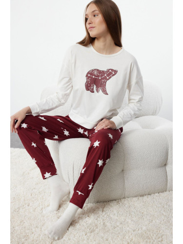 Trendyol Claret Red 100% Cotton Star Patterned Knitted Pajama Set