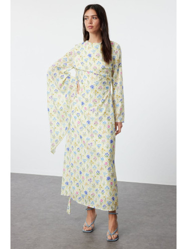 Trendyol Yellow Shawl Collar Floral Patterned Woven Evening Dress