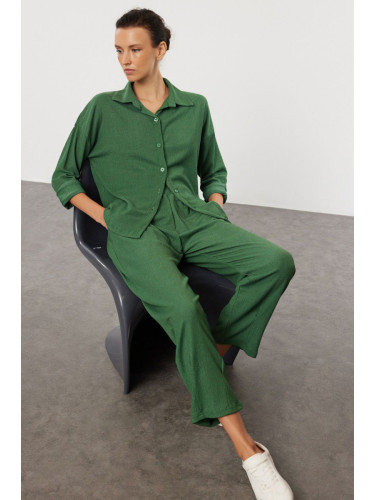 Trendyol Emerald Green Textured/Red Buttoned Relaxed/Comfortable Fit Knitted Bottom-Top Set