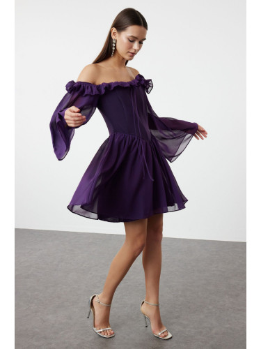 Trendyol Purple A-Line Lined Flounce Woven Chiffon Short Elegant Evening Dress