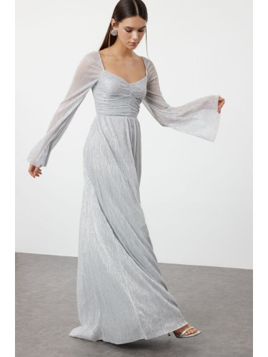 Trendyol Silver A-Cut Knitted Evening Dress & Graduation Dress