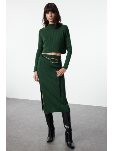 Trendyol Emerald Green Crop Basic Skirted Knitwear Top-Bottom Set