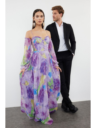 Trendyol Lilac-Multicolor A-Line Printed Woven Long Elegant Evening Dress