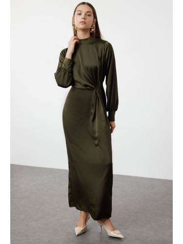 Trendyol Dark Khaki Waist Gathered Satin Evening Dress