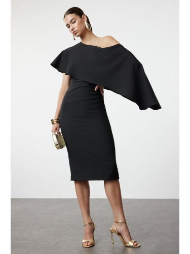 Trendyol Black Fitted Cape Detailed Woven Elegant Evening Dress