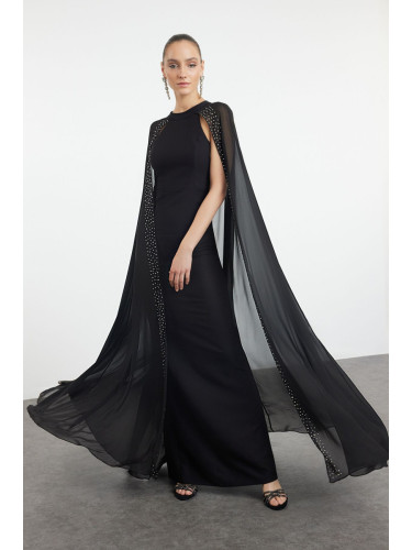Trendyol Black Shiny Stoned Cape Detailed Woven Long Evening Dress