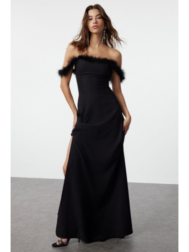 Trendyol Black A-Cut Otriş Detailed Woven Long Evening Dress