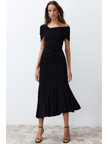 Trendyol Black Asymmetric Collar Knitted Elegant Evening Dress