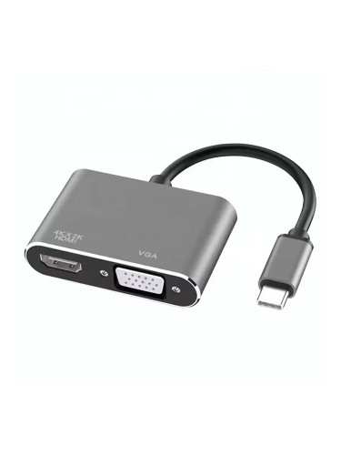 Преходник DeTech, 2в1, USB-C – HDMI+VGA, 4K, 30Hz, 3D, Сив - 17842