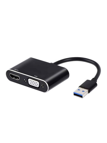 Преходник DeTech, USB 3.0 – HDMI+VGA, Сив - 17843