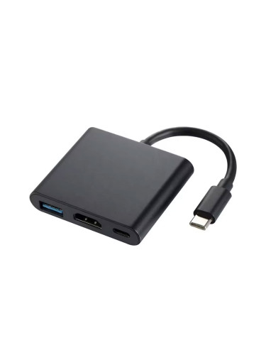 Преходник DeTech, 3в1 USB-C–HDMI+USB3.0+PD, 4K, 30Hz, Сив - 17844