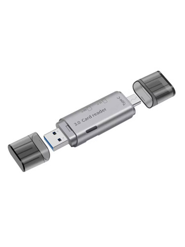 Четец за карти DeTech, USB Type-C - USB 3.0 OTG, SD, TF, сребрист - 17854