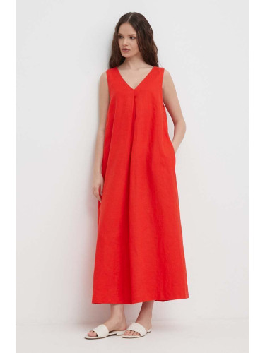Ленена рокля United Colors of Benetton в червено дълга разкроена